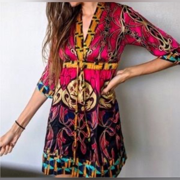 CAbi Silk Tunic Shirt Blouse Tie Waist V-neck 3/4 Sleeve  Womens Small Boho - Picture 11 of 11